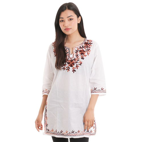 White-Brown Kashmiri Embroidered Floral Design Cotton Kurtha Tops For Women
